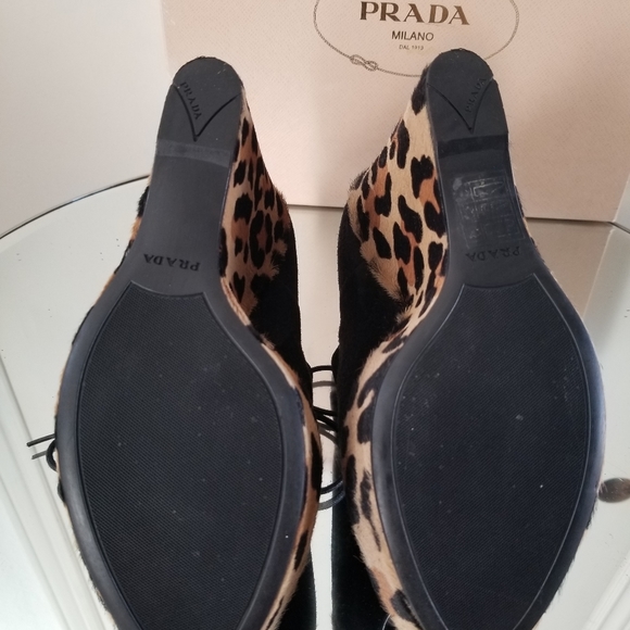 Prada Black Suede Leopard Pony Hair Wedge 39 - Picture 8 of 13